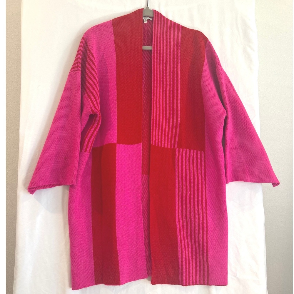 Jodifl Pink Red Chunky Colorblock Striped Open Front Cardigan Sweater Medium